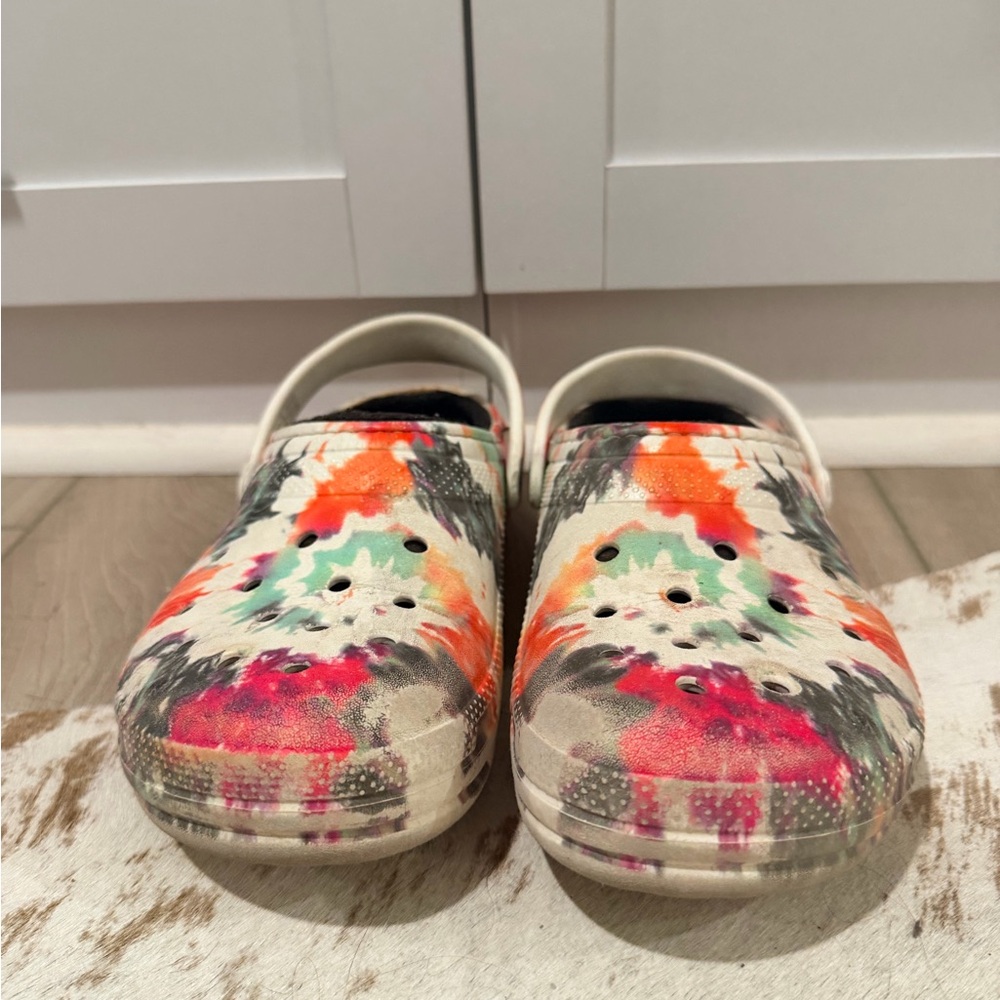 CROCS Tie-Dye Slip-On Clogs in White with Bright Accents